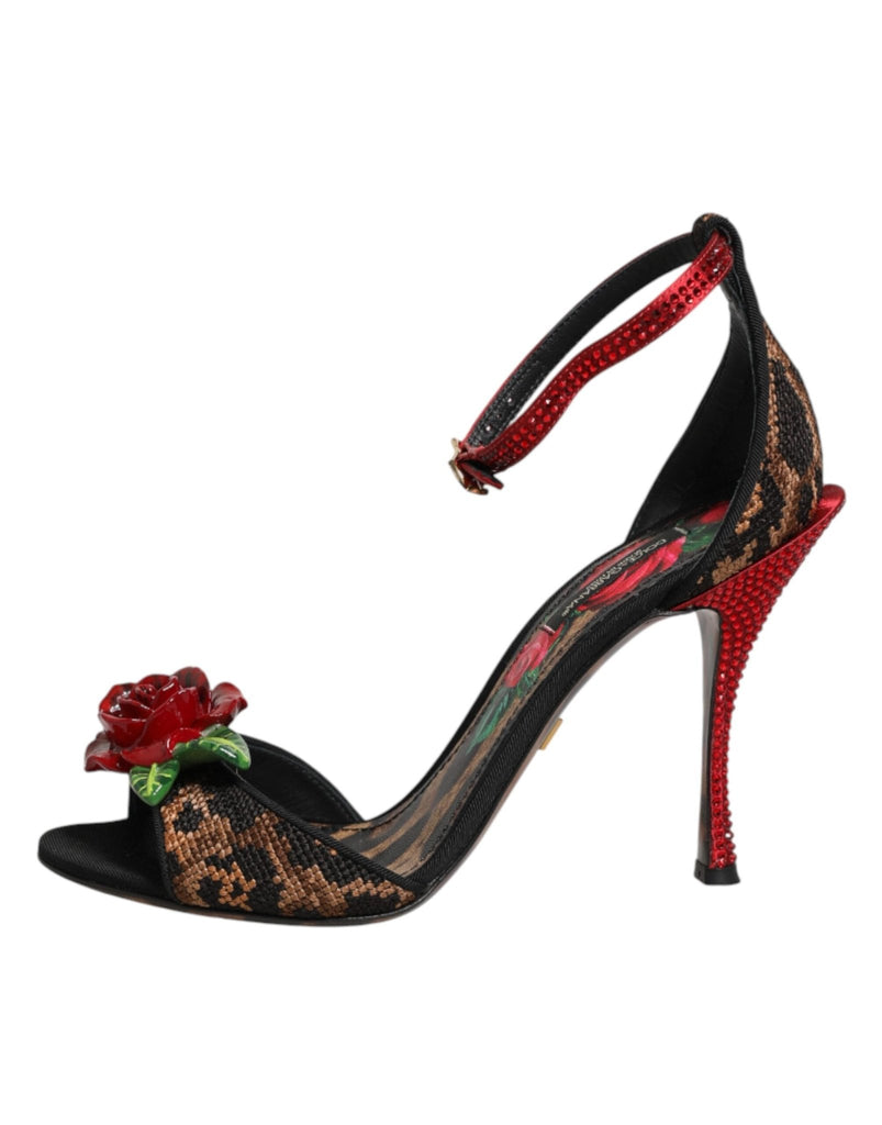 Dolce & Gabbana Brown Leopard Crystal Roses Sandals Shoes - Beyzy Store - Dolce & Gabbana