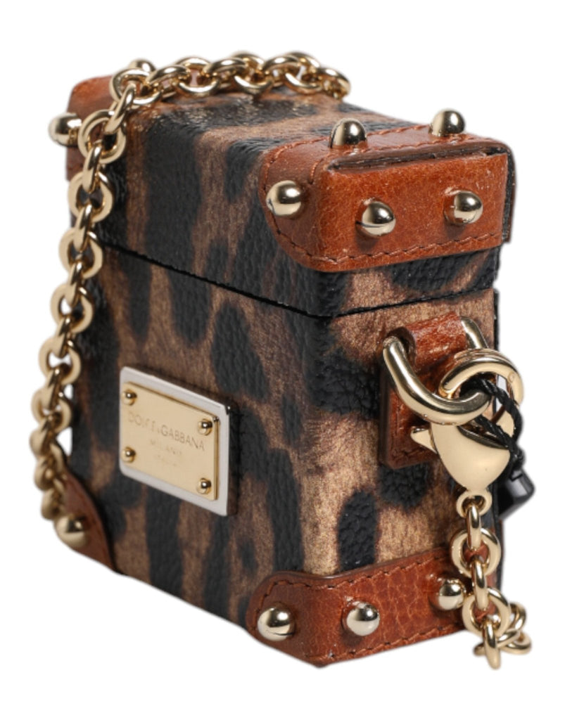 Dolce & Gabbana Brown Leopard Metal Logo Plaque Gold Chain Airpods Case - Beyzy Store - Dolce & Gabbana