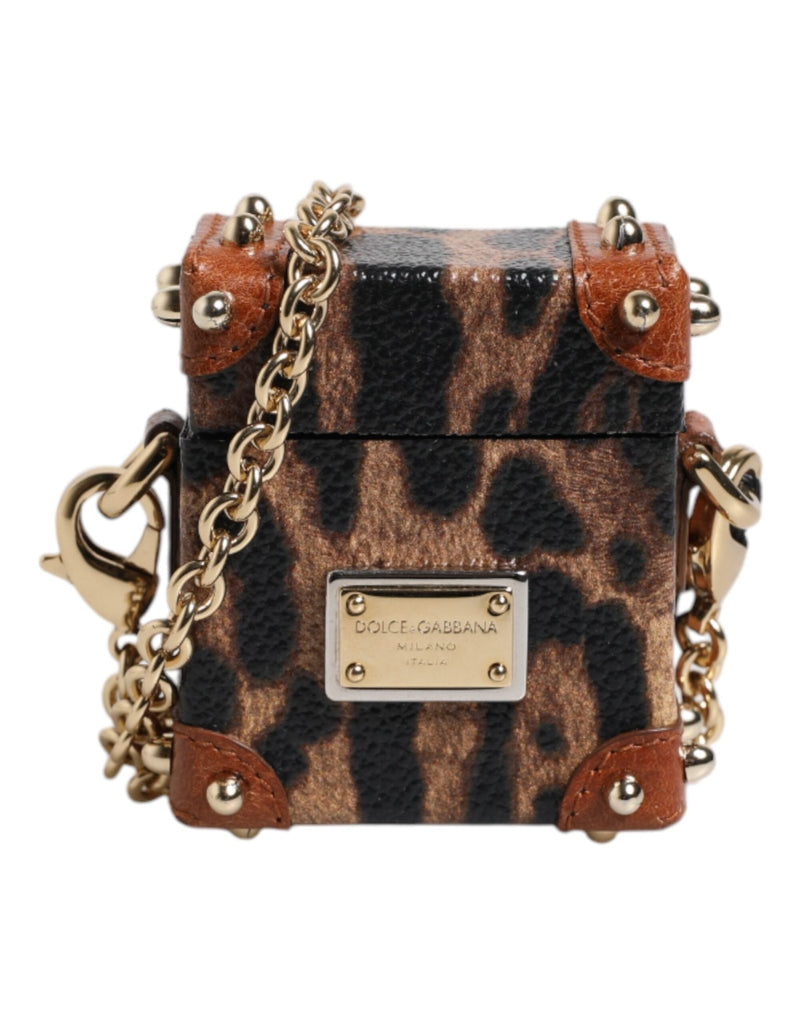 Dolce & Gabbana Brown Leopard Metal Logo Plaque Gold Chain Airpods Case - Beyzy Store - Dolce & Gabbana