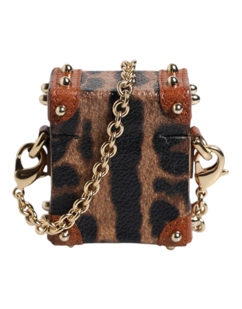 Dolce & Gabbana Brown Leopard Metal Logo Plaque Gold Chain Airpods Case - Beyzy Store - Dolce & Gabbana