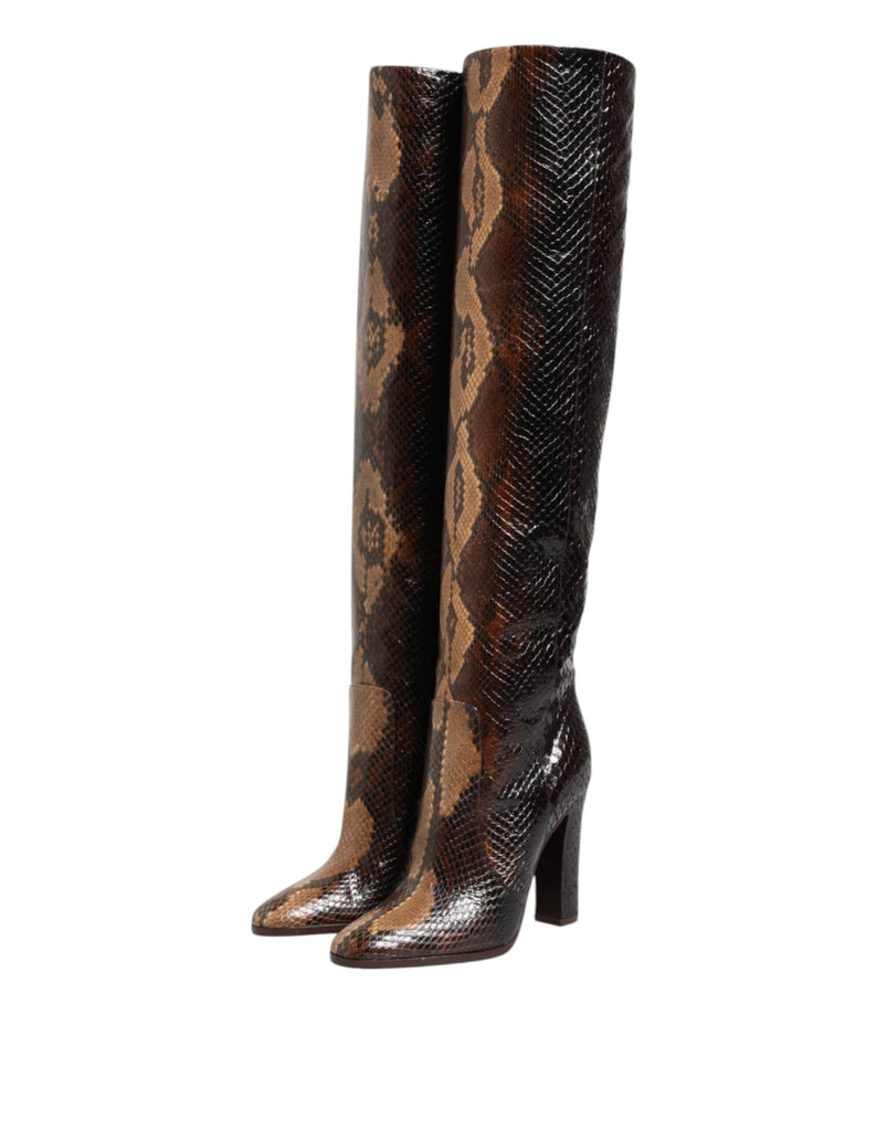 Dolce & Gabbana Brown Python Snakeskin Print Riding Boots Shoes - Beyzy Store - Dolce & Gabbana