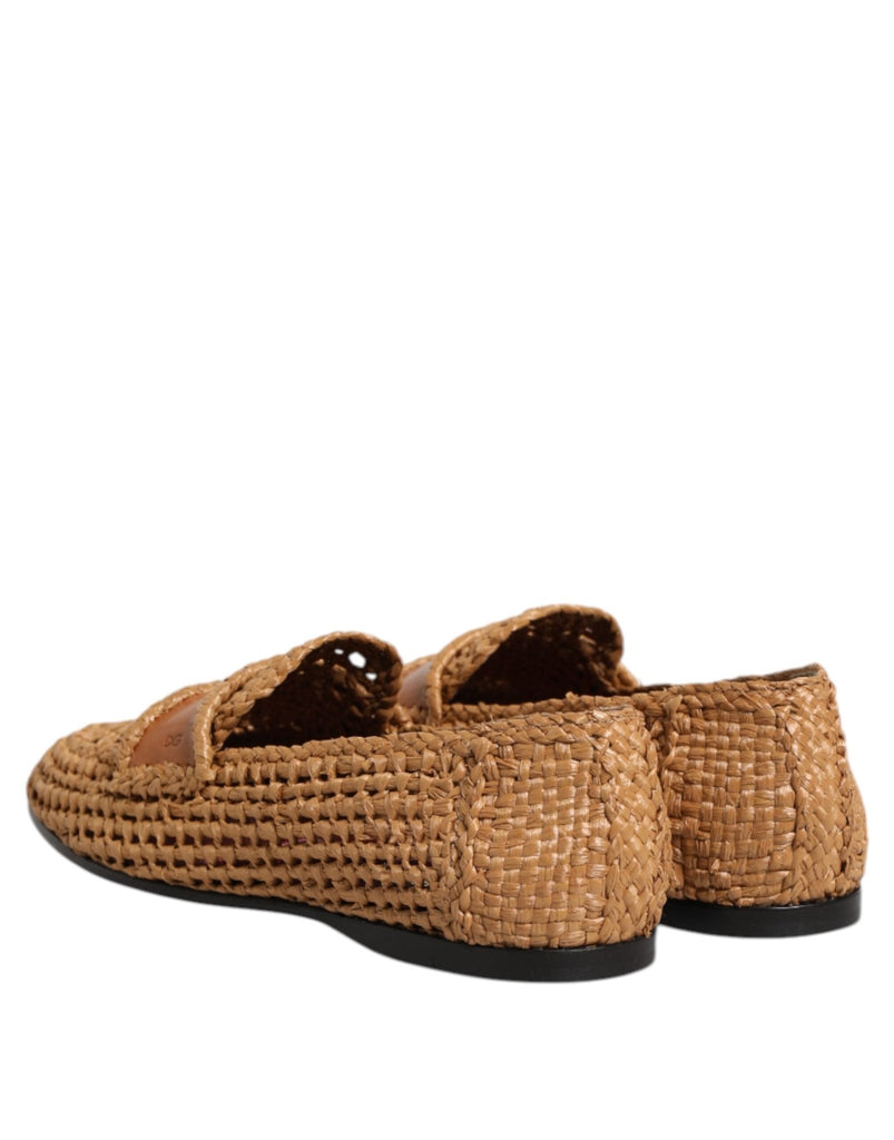 Dolce & Gabbana Brown Woven Raffia Slip On Loafers Shoes - Beyzy Store - Dolce & Gabbana