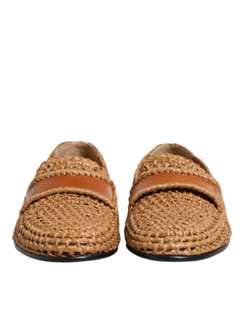 Dolce & Gabbana Brown Woven Raffia Slip On Loafers Shoes - Beyzy Store - Dolce & Gabbana
