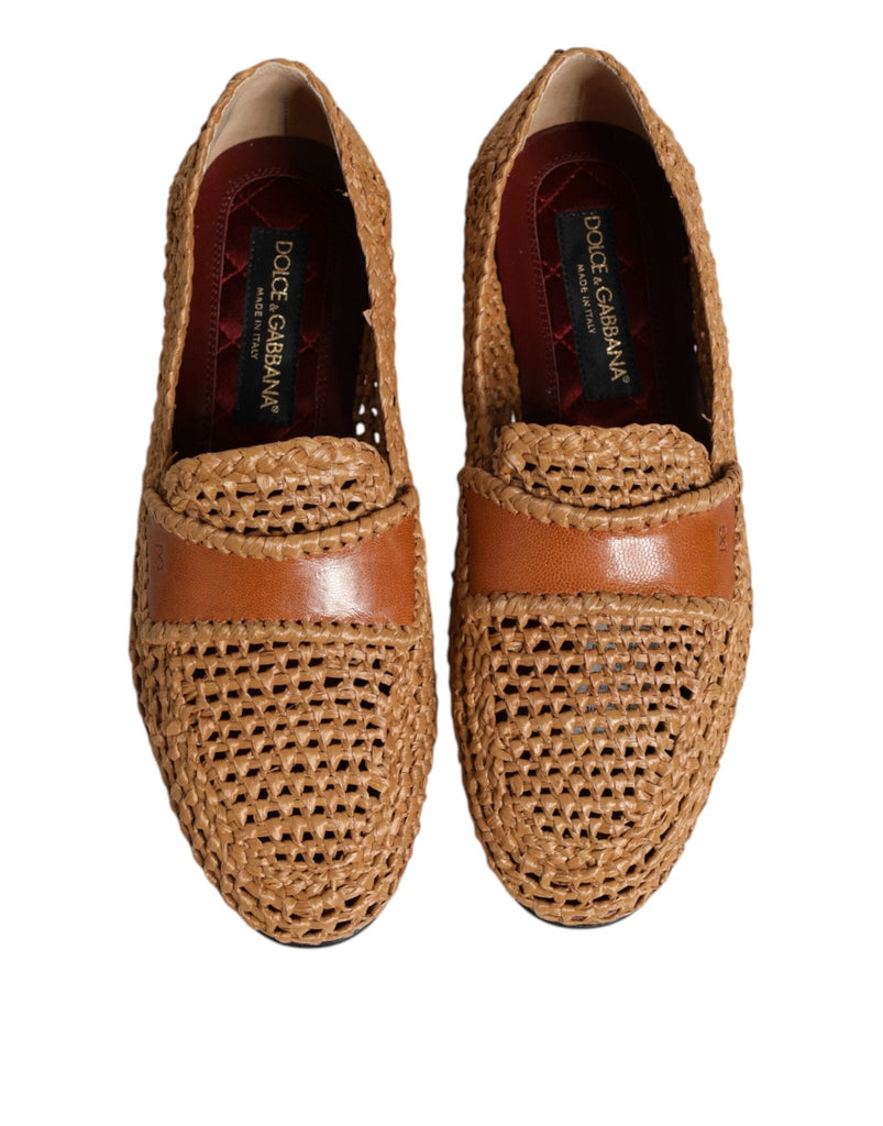 Dolce & Gabbana Brown Woven Raffia Slip On Loafers Shoes - Beyzy Store - Dolce & Gabbana