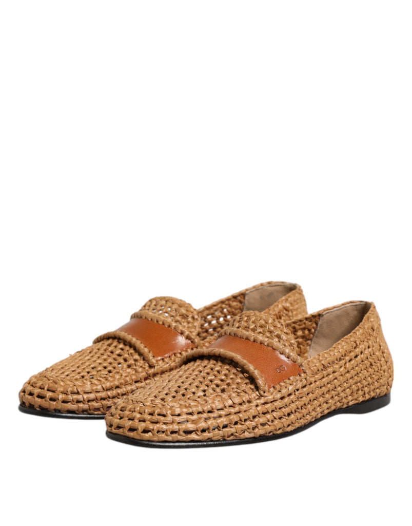 Dolce & Gabbana Brown Woven Raffia Slip On Loafers Shoes - Beyzy Store - Dolce & Gabbana