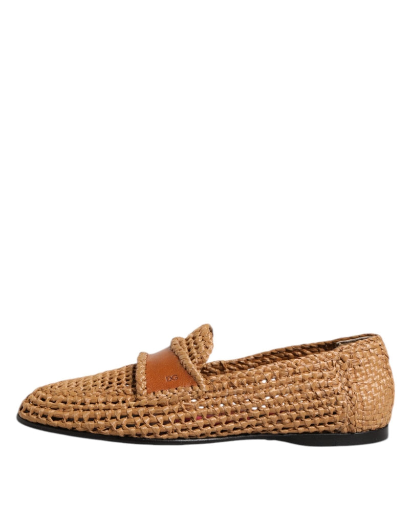 Dolce & Gabbana Brown Woven Raffia Slip On Loafers Shoes - Beyzy Store - Dolce & Gabbana