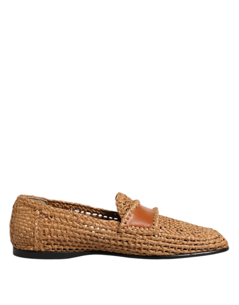 Dolce & Gabbana Brown Woven Raffia Slip On Loafers Shoes - Beyzy Store - Dolce & Gabbana