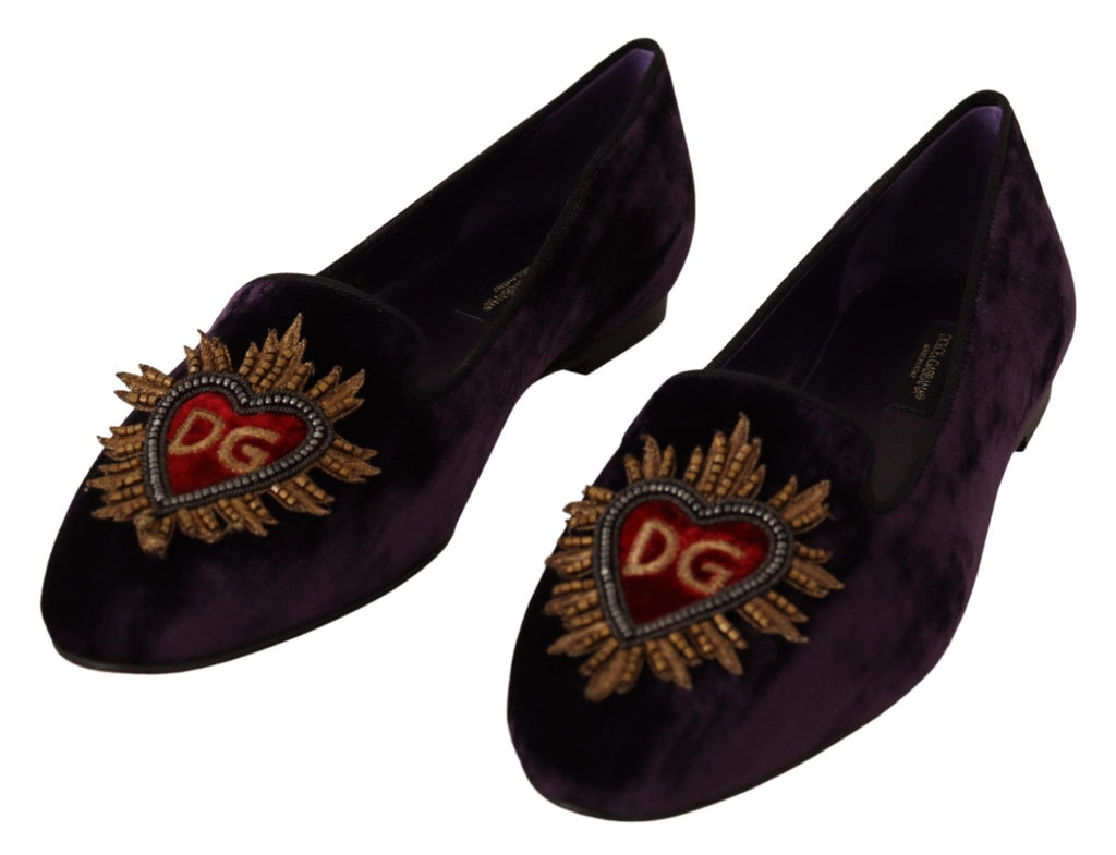 Dolce & Gabbana Chic Purple Velvet Loafers with Heart Detail - Beyzy Store - Dolce & Gabbana