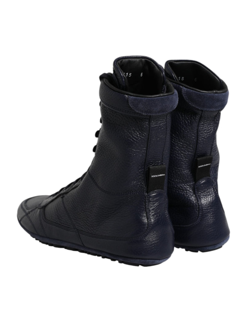 Dolce & Gabbana Dark Blue Leather KING High Top Sneakers Shoes - Beyzy Store - Dolce & Gabbana