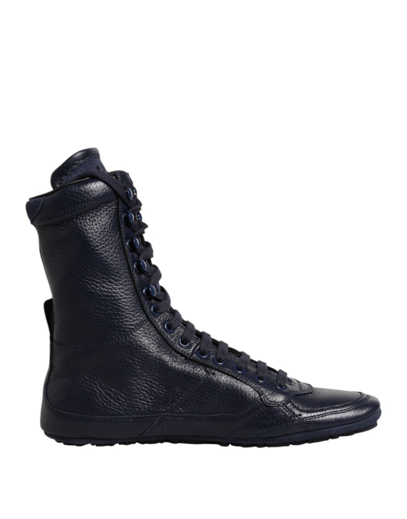 Dolce & Gabbana Dark Blue Leather KING High Top Sneakers Shoes - Beyzy Store - Dolce & Gabbana