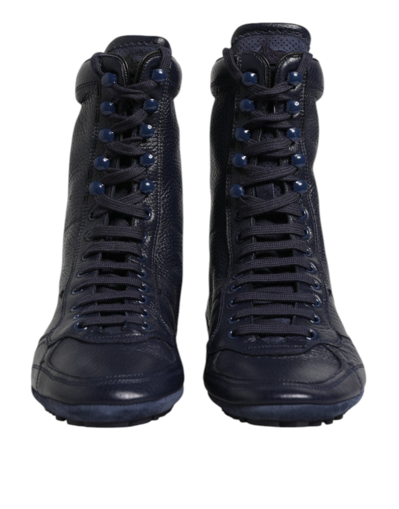 Dolce & Gabbana Dark Blue Leather KING High Top Sneakers Shoes - Beyzy Store - Dolce & Gabbana