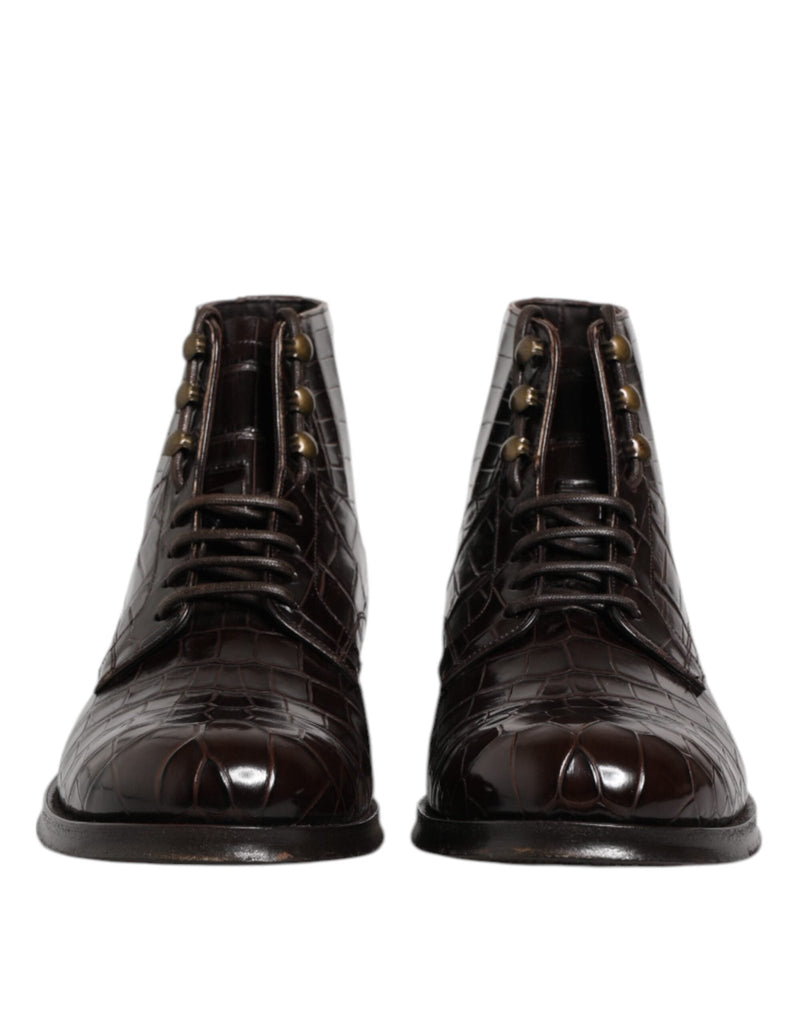 Dolce & Gabbana Dark Brown Leather Lace Up Short Boots Shoes - Beyzy Store - Dolce & Gabbana
