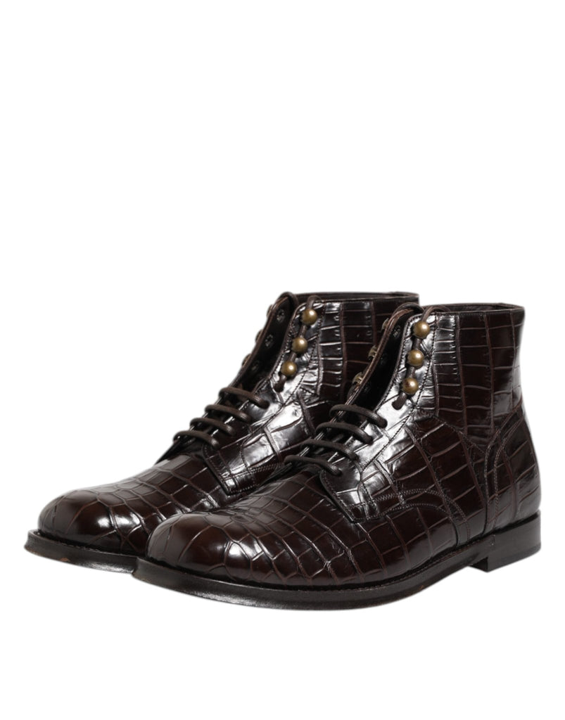 Dolce & Gabbana Dark Brown Leather Lace Up Short Boots Shoes - Beyzy Store - Dolce & Gabbana