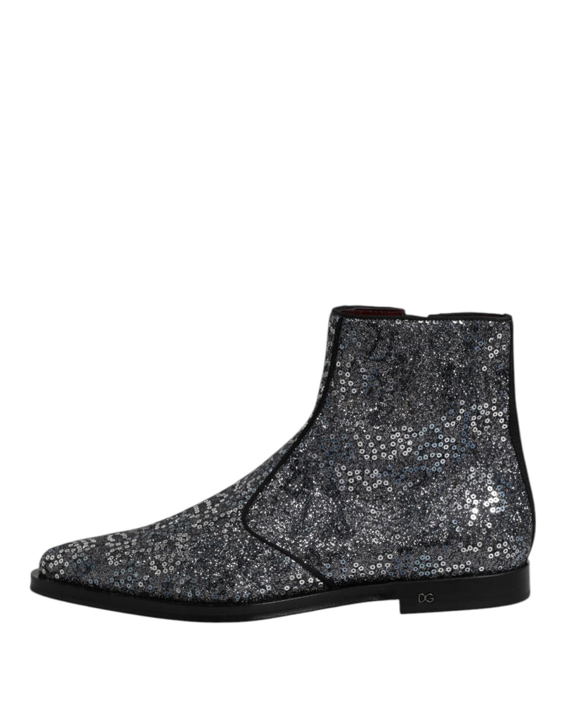Dolce & Gabbana Dark Gray Cotton Sequined Chelsea Boots Shoes - Beyzy Store - Dolce & Gabbana