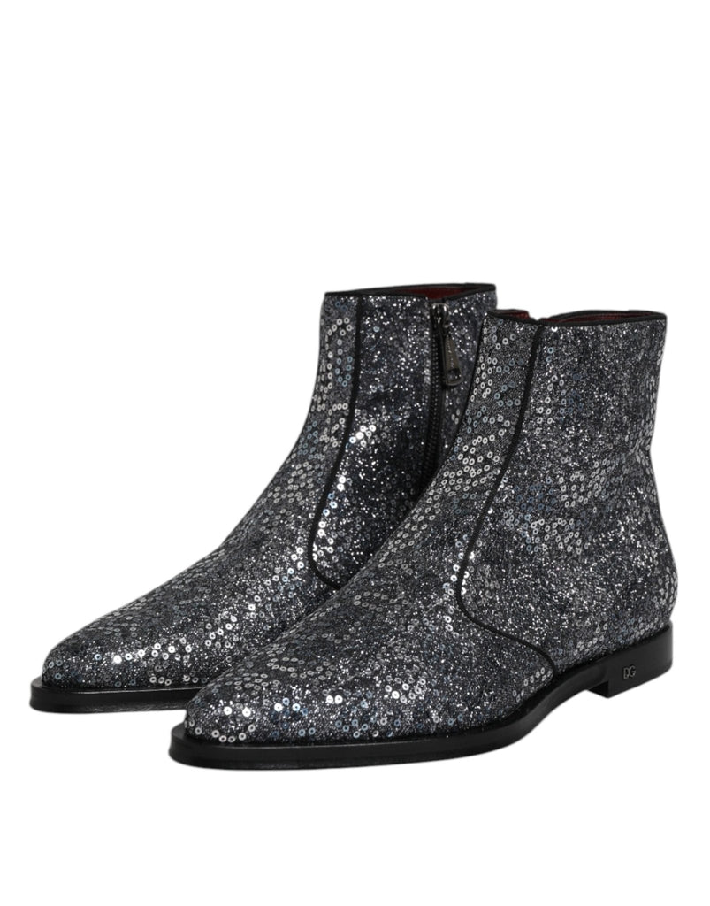 Dolce & Gabbana Dark Gray Cotton Sequined Chelsea Boots Shoes - Beyzy Store - Dolce & Gabbana