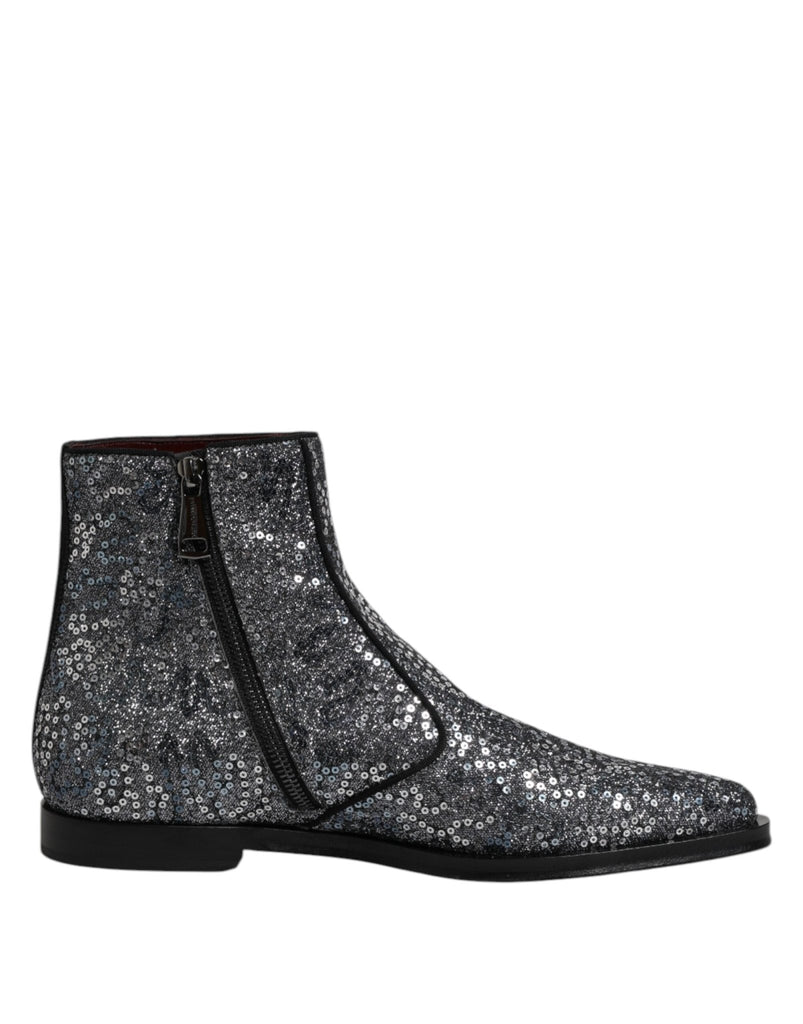 Dolce & Gabbana Dark Gray Cotton Sequined Chelsea Boots Shoes - Beyzy Store - Dolce & Gabbana