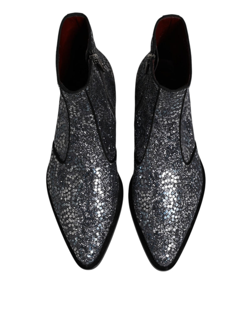 Dolce & Gabbana Dark Gray Cotton Sequined Chelsea Boots Shoes - Beyzy Store - Dolce & Gabbana