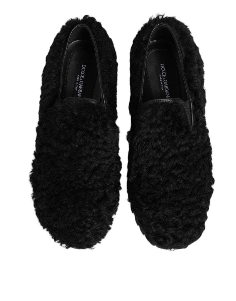 Dolce & Gabbana Dress Black Fur Leather Slippers Men Shoes - Beyzy Store - Dolce & Gabbana
