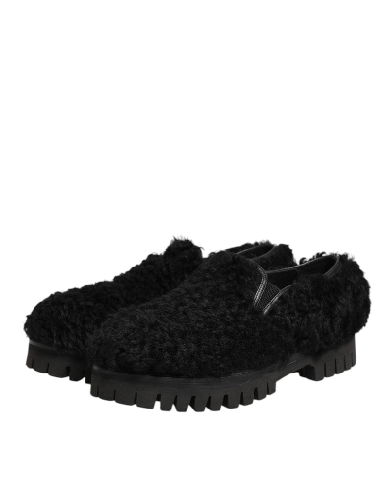 Dolce & Gabbana Dress Black Fur Leather Slippers Men Shoes - Beyzy Store - Dolce & Gabbana