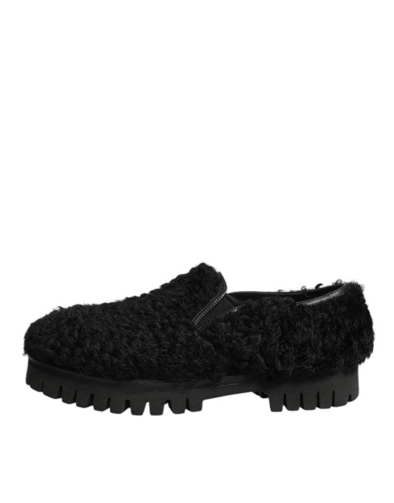 Dolce & Gabbana Dress Black Fur Leather Slippers Men Shoes - Beyzy Store - Dolce & Gabbana