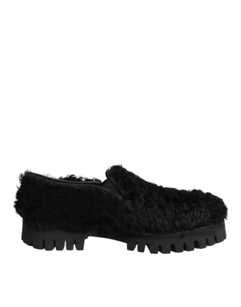 Dolce & Gabbana Dress Black Fur Leather Slippers Men Shoes - Beyzy Store - Dolce & Gabbana