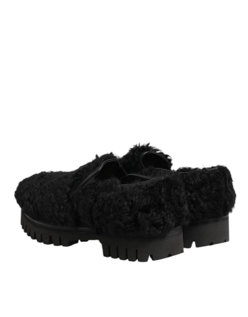 Dolce & Gabbana Dress Black Fur Leather Slippers Men Shoes - Beyzy Store - Dolce & Gabbana