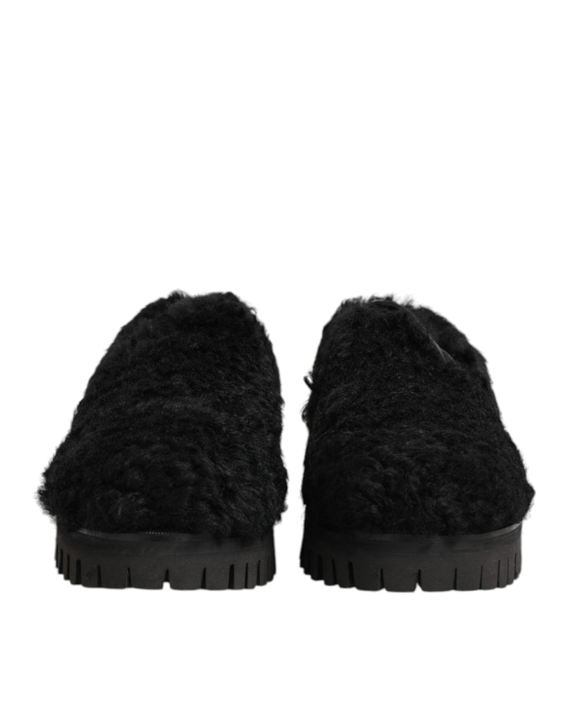 Dolce & Gabbana Dress Black Fur Leather Slippers Men Shoes - Beyzy Store - Dolce & Gabbana