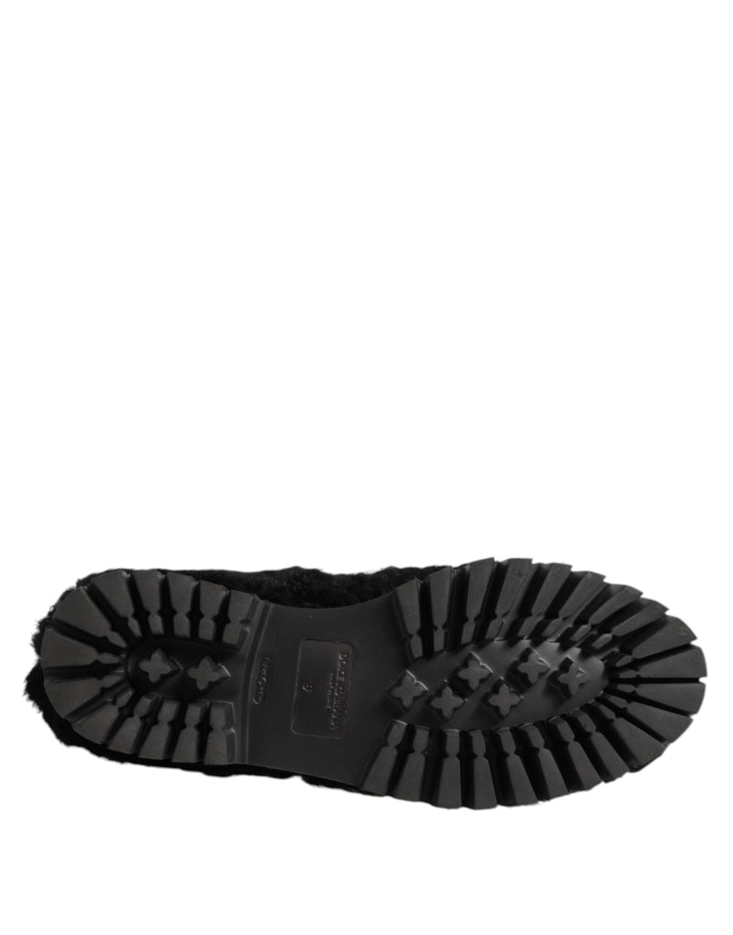 Dolce & Gabbana Dress Black Fur Leather Slippers Men Shoes - Beyzy Store - Dolce & Gabbana