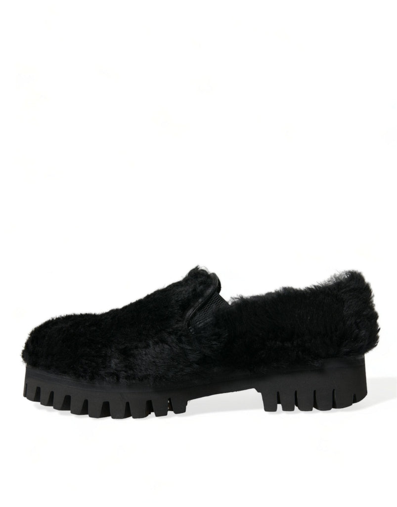 Dolce & Gabbana Elegant Black Fur Slip On Loafers for Men - Beyzy Store - Dolce & Gabbana