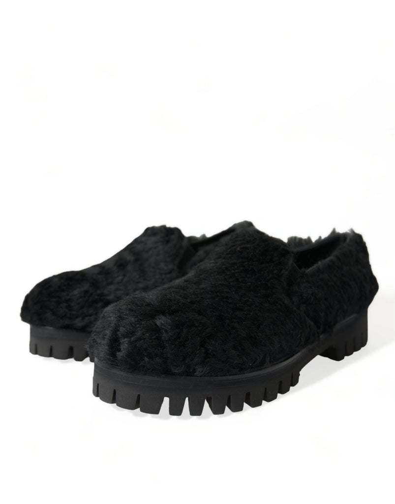 Dolce & Gabbana Elegant Black Fur Slip On Loafers for Men - Beyzy Store - Dolce & Gabbana
