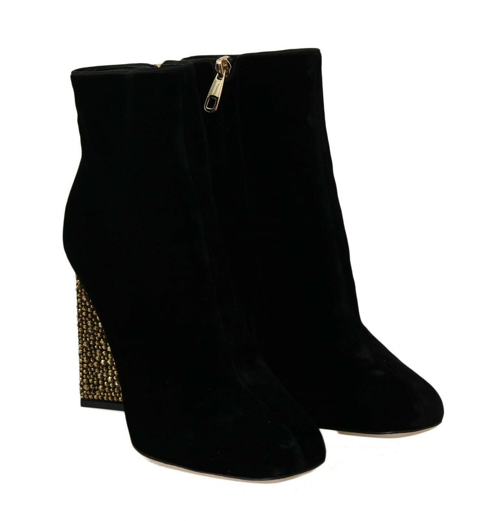 Dolce & Gabbana Elegant Velvet Ankle Boots with Crystal Heels - Beyzy Store - Dolce & Gabbana