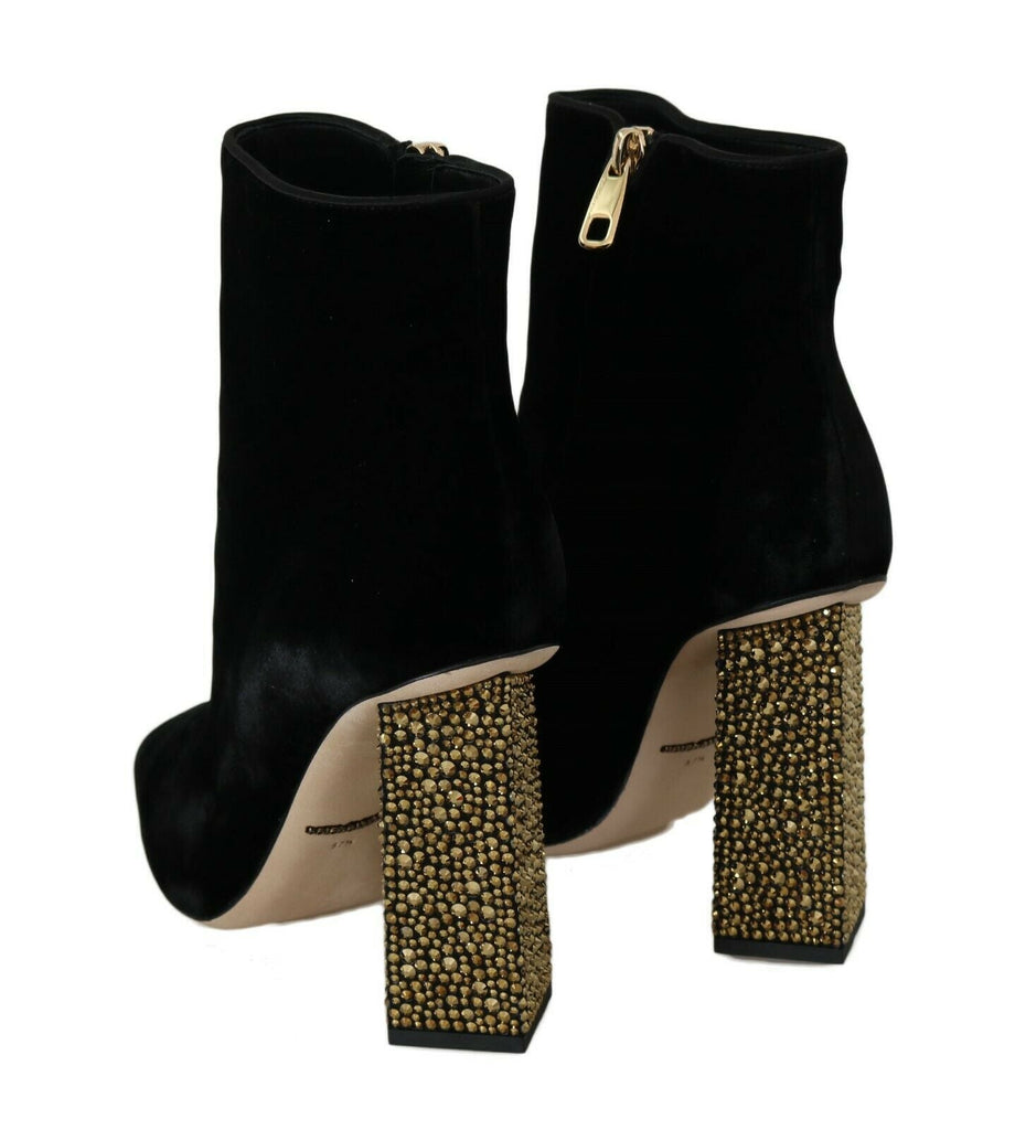 Dolce & Gabbana Elegant Velvet Ankle Boots with Crystal Heels - Beyzy Store - Dolce & Gabbana