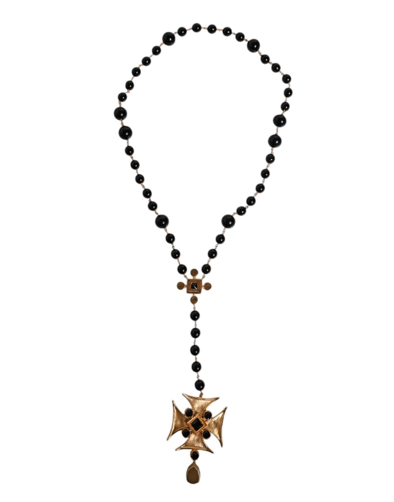 Dolce & Gabbana Gold Brass Black Beaded Chain Rosary Pendant Necklace - Beyzy Store - Dolce & Gabbana