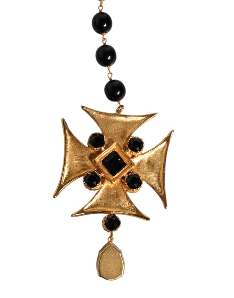 Dolce & Gabbana Gold Brass Black Beaded Chain Rosary Pendant Necklace - Beyzy Store - Dolce & Gabbana
