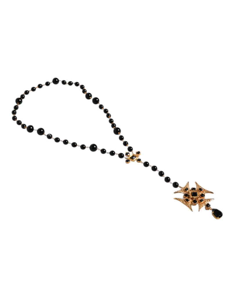 Dolce & Gabbana Gold Brass Black Beaded Chain Rosary Pendant Necklace - Beyzy Store - Dolce & Gabbana