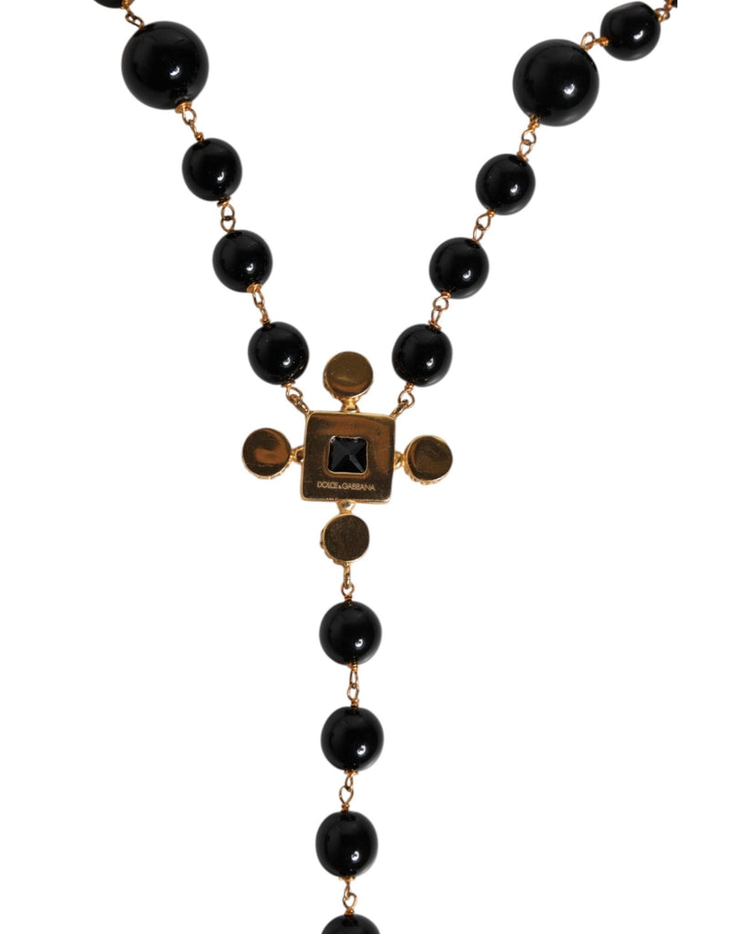 Dolce & Gabbana Gold Brass Black Beaded Chain Rosary Pendant Necklace - Beyzy Store - Dolce & Gabbana