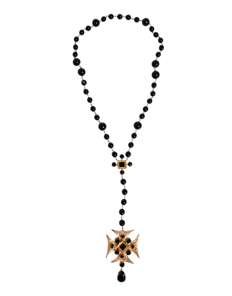 Dolce & Gabbana Gold Brass Black Beaded Chain Rosary Pendant Necklace - Beyzy Store - Dolce & Gabbana