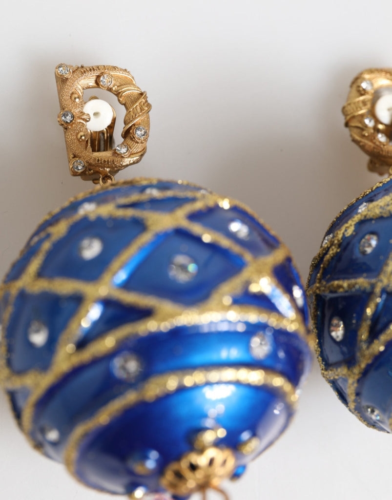 Dolce & Gabbana Gold Brass Blue Christmas Ball Crystal Drop Clip On Earrings - Beyzy Store - Dolce & Gabbana