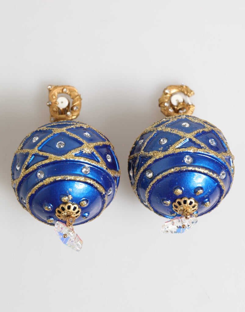 Dolce & Gabbana Gold Brass Blue Christmas Ball Crystal Drop Clip On Earrings - Beyzy Store - Dolce & Gabbana
