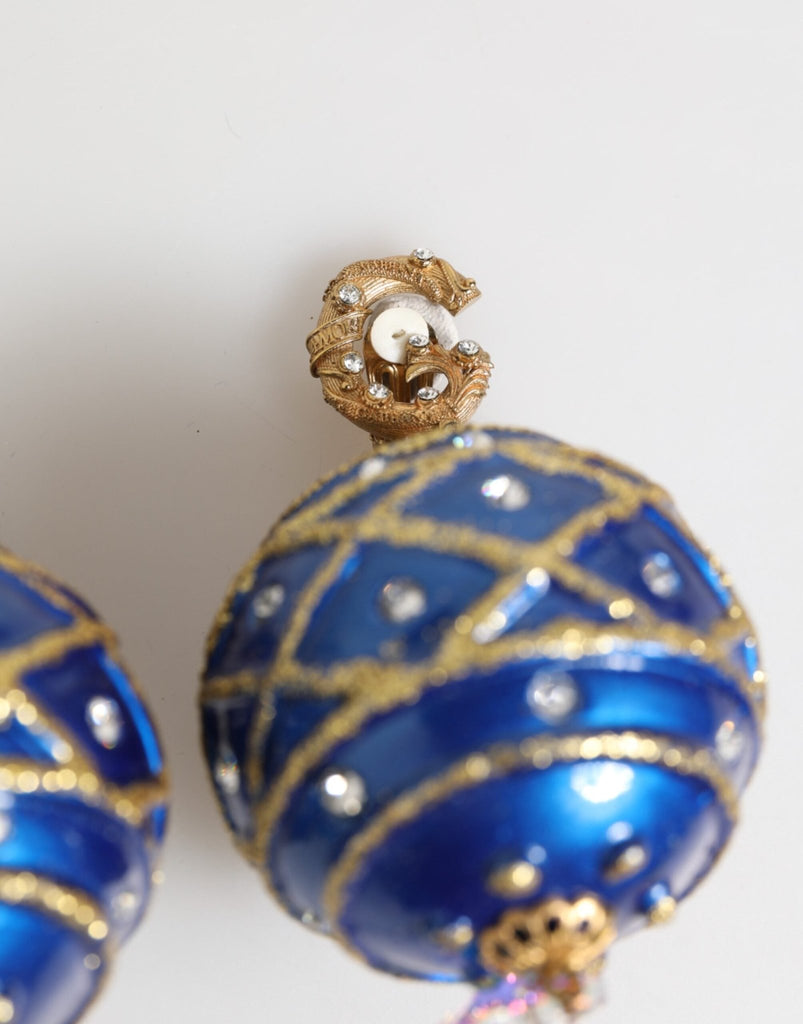 Dolce & Gabbana Gold Brass Blue Christmas Ball Crystal Drop Clip On Earrings - Beyzy Store - Dolce & Gabbana