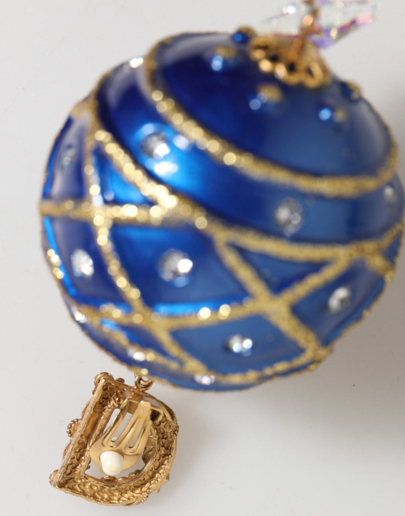 Dolce & Gabbana Gold Brass Blue Christmas Ball Crystal Drop Clip On Earrings - Beyzy Store - Dolce & Gabbana