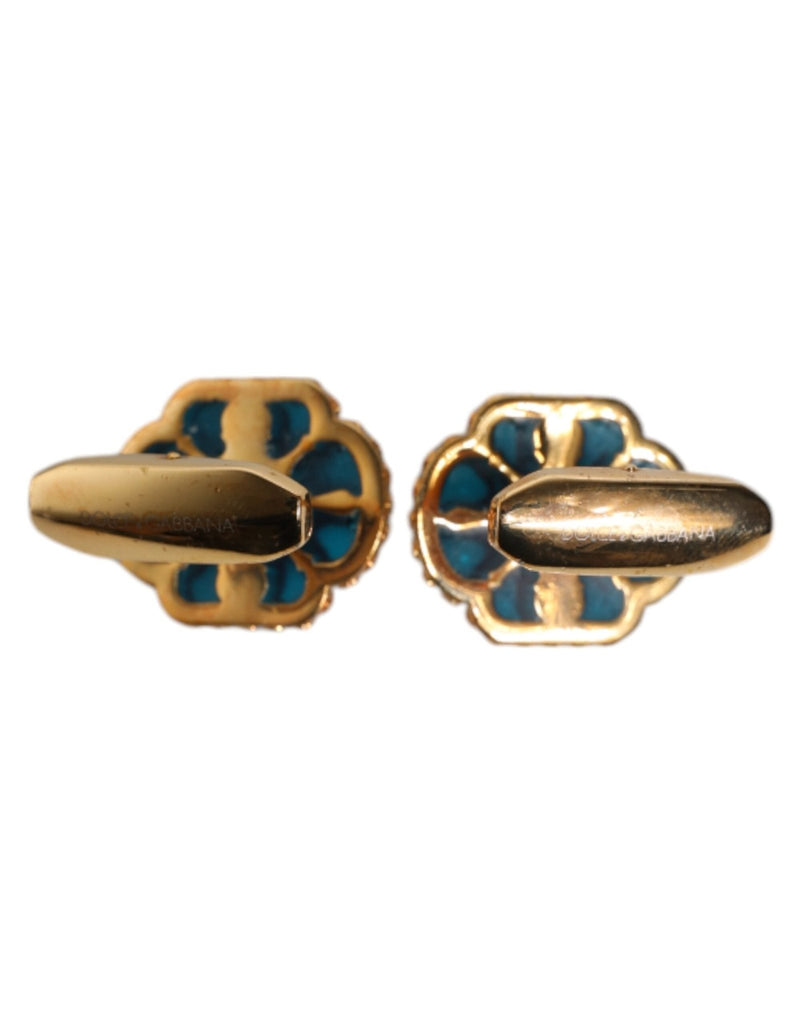 Dolce & Gabbana Gold Brass Blue Enameled Flower Cufflink - Beyzy Store - Dolce & Gabbana