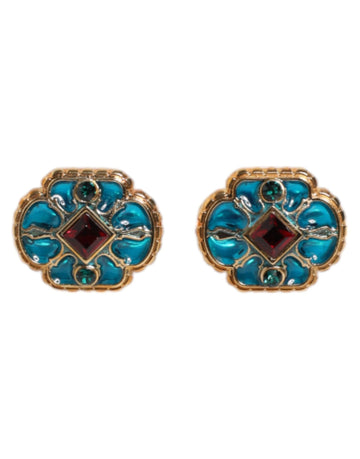 Dolce & Gabbana Gold Brass Blue Enameled Flower Cufflink - Beyzy Store - Dolce & Gabbana
