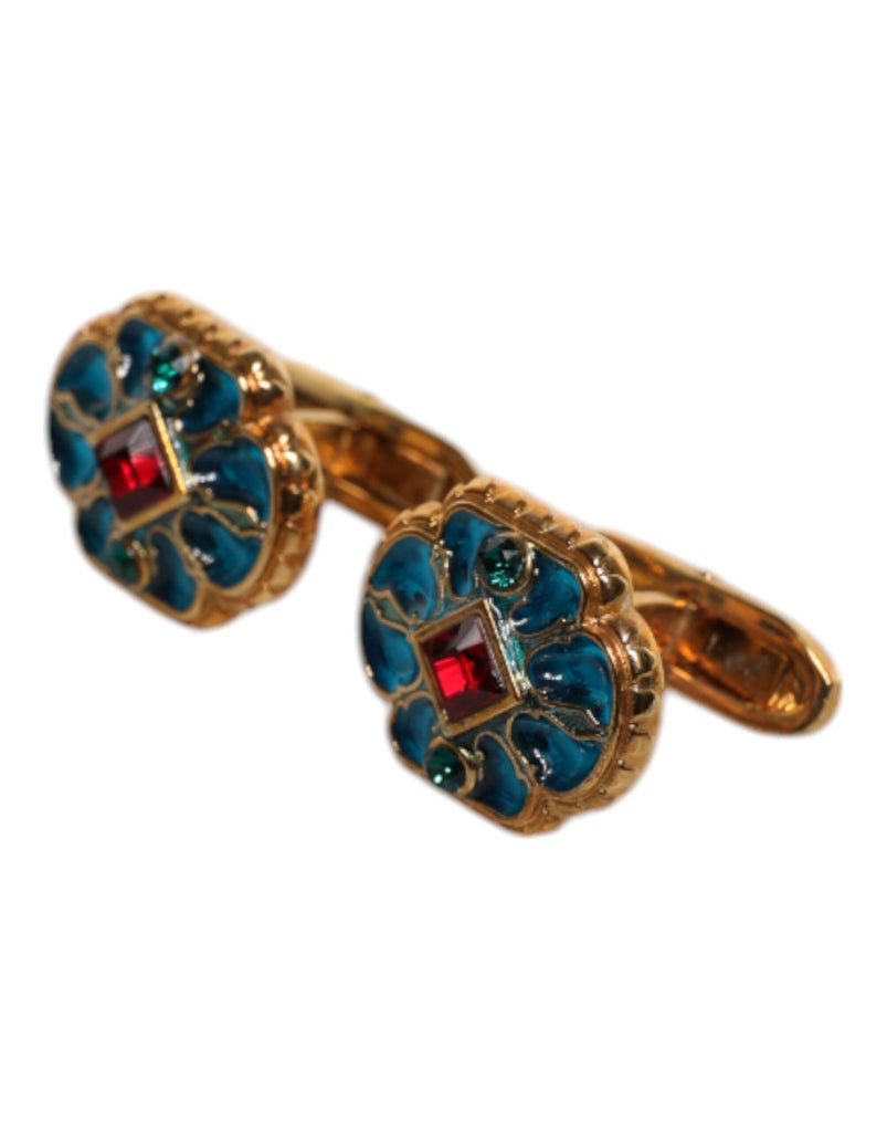 Dolce & Gabbana Gold Brass Blue Enameled Flower Cufflink - Beyzy Store - Dolce & Gabbana