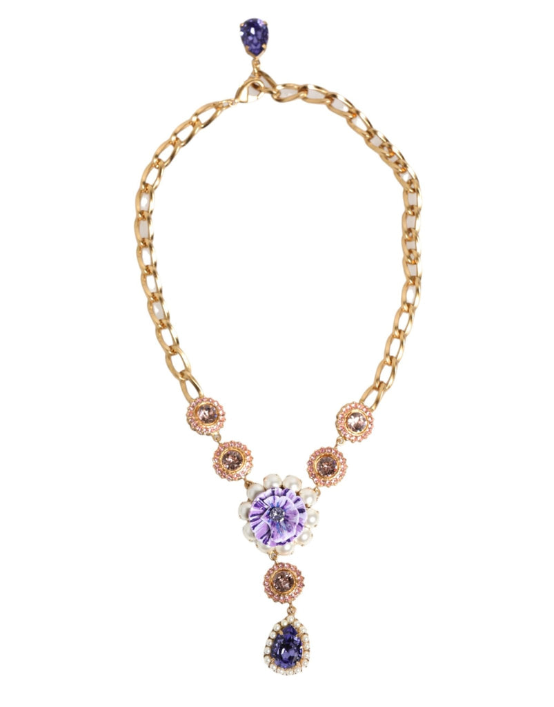 Dolce & Gabbana Gold Brass Crystal Pearl Purple Floral Pendant Jewelry Necklace - Beyzy Store - Dolce & Gabbana