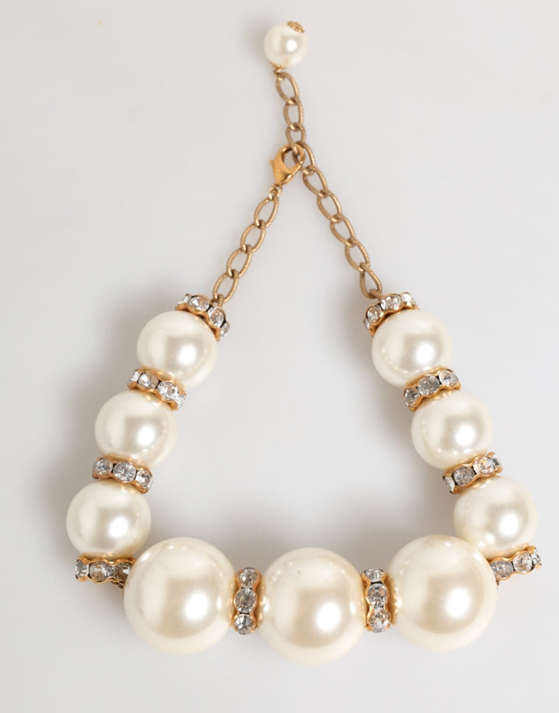 Dolce & Gabbana Gold Brass Faux Pearl Crystal Statement Luxury Jewelry Necklace - Beyzy Store - Dolce & Gabbana