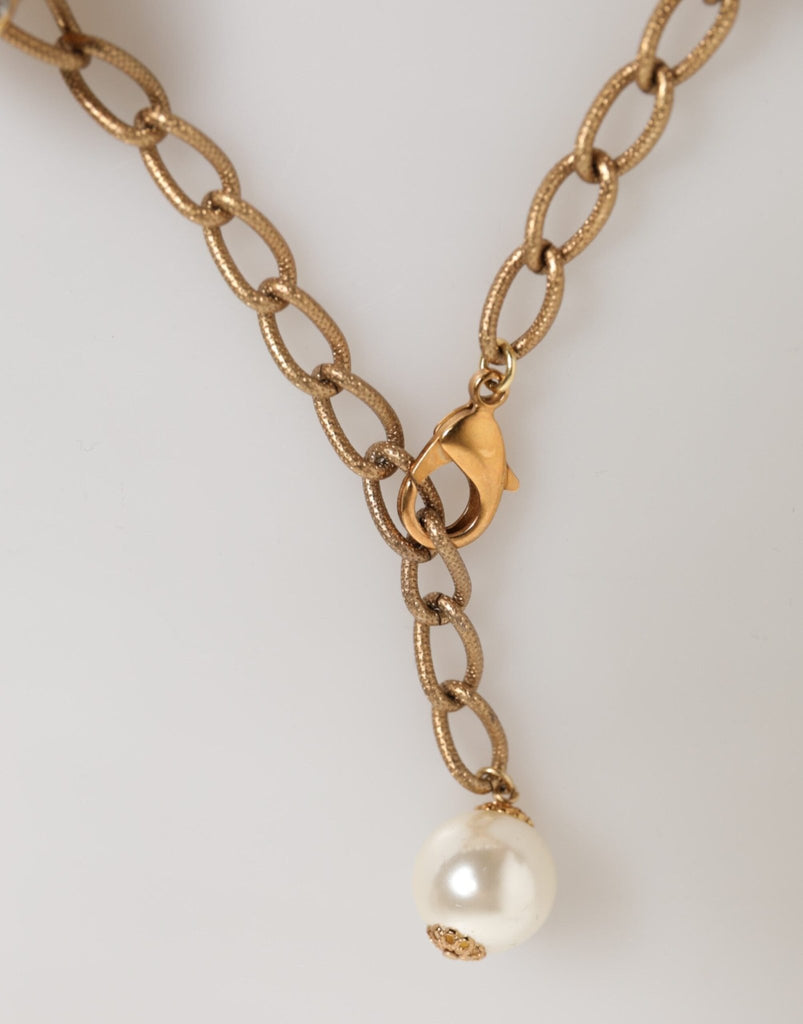 Dolce & Gabbana Gold Brass Faux Pearl Crystal Statement Luxury Jewelry Necklace - Beyzy Store - Dolce & Gabbana