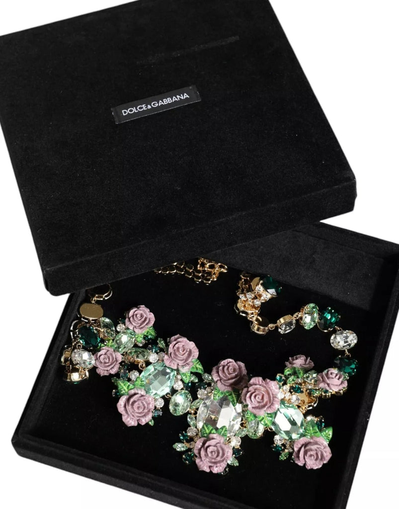 Dolce & Gabbana Gold Brass Link Chain Rose Petal Crystal Necklace - Beyzy Store - Dolce & Gabbana