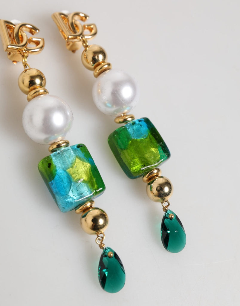 Dolce & Gabbana Gold Brass Multicolour Pearl Green Blue Drop Logo DG Earrings - Beyzy Store - Dolce & Gabbana