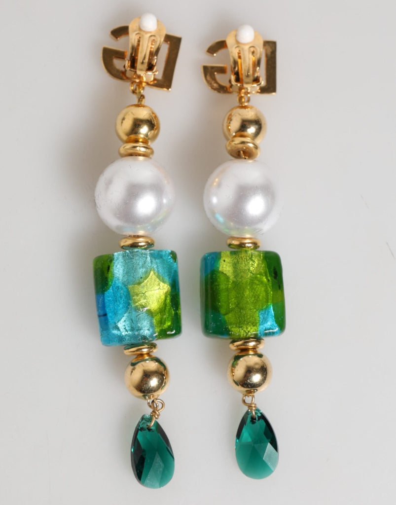 Dolce & Gabbana Gold Brass Multicolour Pearl Green Blue Drop Logo DG Earrings - Beyzy Store - Dolce & Gabbana